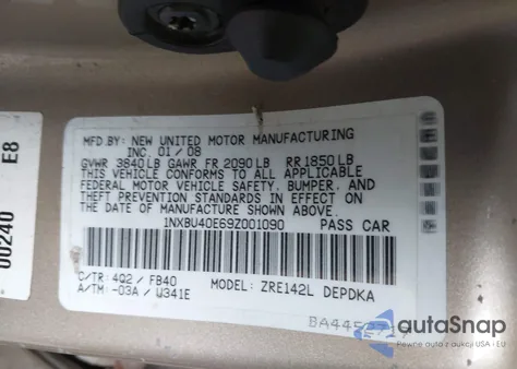 2009 Toyota Corolla Le из США, поврежденный, VIN 1NXBU40E69Z001090